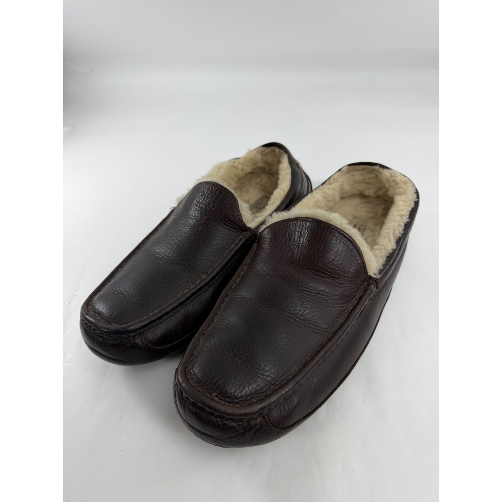UGG Australia Ascot Mens 12 Dark Brown Leather Shearling Lined Slippers 5379